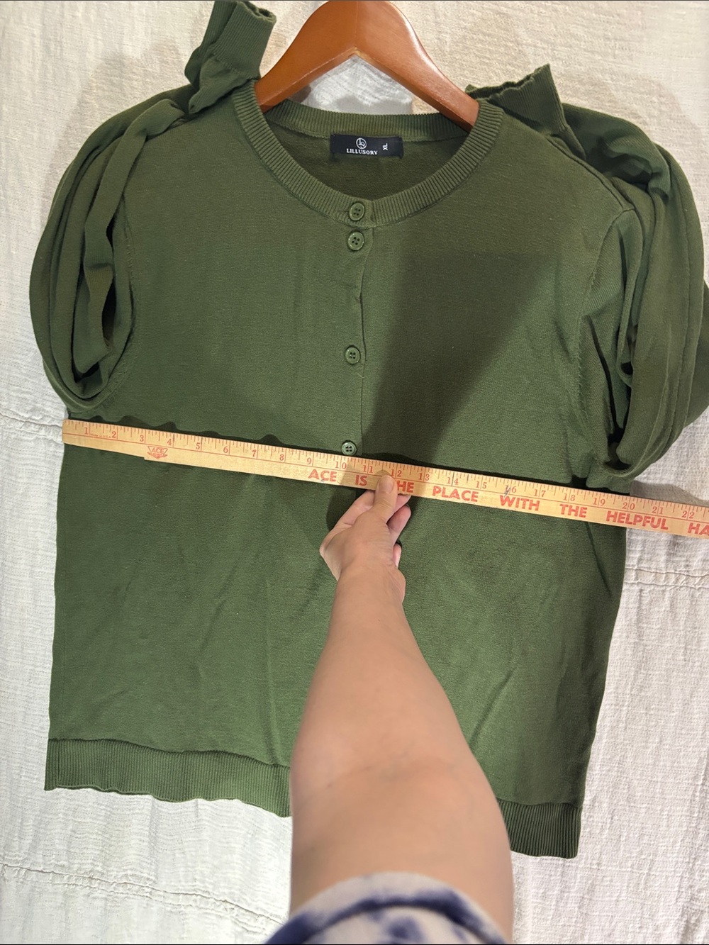 Women’s Olive Green Crewneck Button-Front Cardigan 100% Cotton - Picture 8 of 9